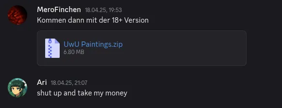 Discord chatlog showing another user sending a zip file called 'UwU Paintings'