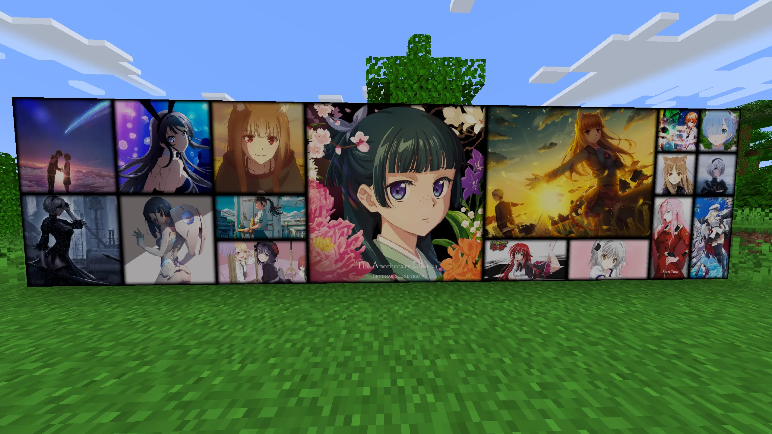 Game Minecraft showing lots of different anime pictures on paintings